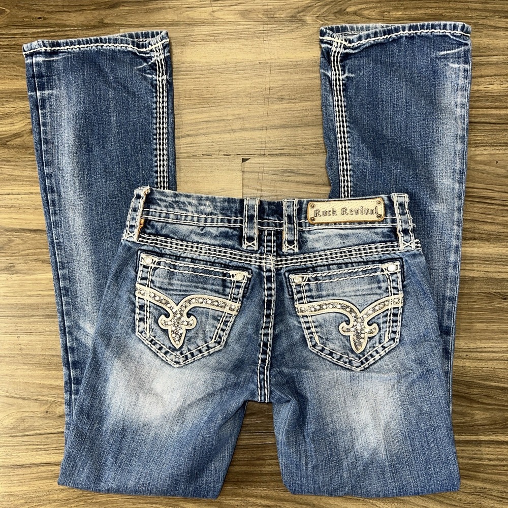 Rock Revival Vika Bootcut Jeans Womens 26x29 Blue Denim Mid Rise Rhinestone